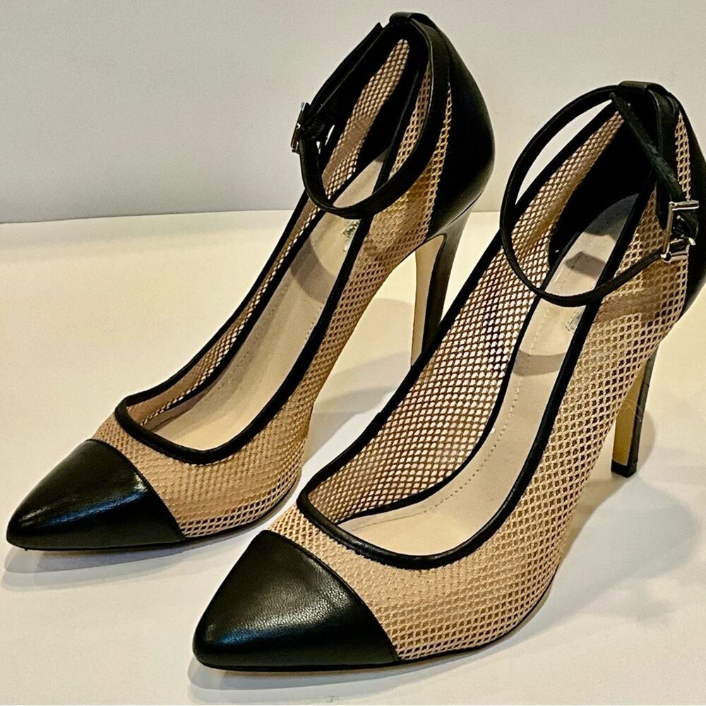 BCBG Black and Tan Heels with Ankle Strap and Glossy Toe Cap Size 10.